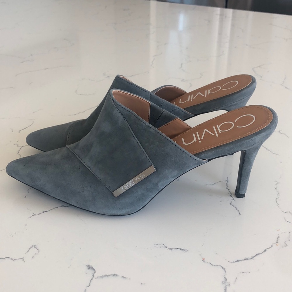 Calvin Klein grey suede mule pumps. Size 8.  Worn once - like new.